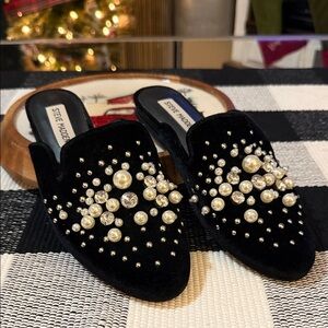 Steve Madden Black Velvet Mules with Pearl Accents